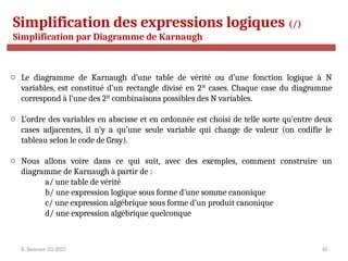 R. Besrour-II1-2017 41
Simplification des expressions logiques (/)
Simplification par Diagramme de Karnaugh
o Le diagramme de Karnaugh d’une table de vérité ou d’une fonction logique à N
variables, est constitué d’un rectangle divisé en 2N
cases. Chaque case du diagramme
correspond à l’une des 2N
combinaisons possibles des N variables.
o L’ordre des variables en abscisse et en ordonnée est choisi de telle sorte qu’entre deux
cases adjacentes, il n’y a qu’une seule variable qui change de valeur (on codifie le
tableau selon le code de Gray).
o Nous allons voire dans ce qui suit, avec des exemples, comment construire un
diagramme de Karnaugh à partir de :
a/ une table de vérité
b/ une expression logique sous forme d’une somme canonique
c/ une expression algébrique sous forme d’un produit canonique
d/ une expression algébrique quelconque
 