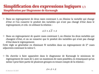 R. Besrour-II1-2017 46
Simplification des expressions logiques (/)
Simplification par Diagramme de Karnaugh
o Dans un regroupement de deux cases contenant 1, on élimine la variable qui change
d’état et l’on conserve le produit des variables qui n’ont pas changé d’état dans le
regroupement, et cela en utilisant la relation :
A
X
A
X
A 
 .
.
o Dans un regroupement de quatre cases contenant 1, on élimine les deux variables qui
changent d’état, et on ne conserve que le produit des variables qui n’ont pas changé
d’état dans le regroupement.
Cette règle se généralise en éliminant N variables dans un regroupement de 2N
cases
adjacentes contenant la valeur 1.
o On cherche à faire apparaître dans le diagramme de Karnaugh le minimum de
regroupement de cases de 1, avec un maximum de cases possibles, en remarquant qu’un
même 1 peut faire partie de plusieurs groupes en tenant compte de la relation :
A
A
A 

 
