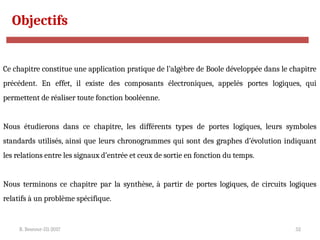 R. Besrour-II1-2017 52
Objectifs
Ce chapitre constitue une application pratique de l’algèbre de Boole développée dans le chapitre
précédent. En effet, il existe des composants électroniques, appelés portes logiques, qui
permettent de réaliser toute fonction booléenne.
Nous étudierons dans ce chapitre, les différents types de portes logiques, leurs symboles
standards utilisés, ainsi que leurs chronogrammes qui sont des graphes d’évolution indiquant
les relations entre les signaux d’entrée et ceux de sortie en fonction du temps.
Nous terminons ce chapitre par la synthèse, à partir de portes logiques, de circuits logiques
relatifs à un problème spécifique.
 