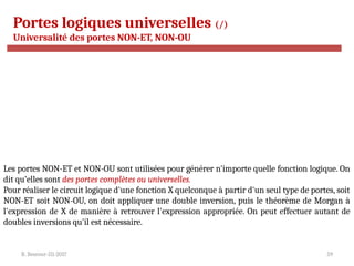 R. Besrour-II1-2017 59
Portes logiques universelles (/)
Universalité des portes NON-ET, NON-OU
Les portes NON-ET et NON-OU sont utilisées pour générer n'importe quelle fonction logique. On
dit qu’elles sont des portes complètes ou universelles.
Pour réaliser le circuit logique d'une fonction X quelconque à partir d'un seul type de portes, soit
NON-ET soit NON-OU, on doit appliquer une double inversion, puis le théorème de Morgan à
l'expression de X de manière à retrouver l'expression appropriée. On peut effectuer autant de
doubles inversions qu'il est nécessaire.
 