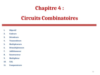 65
Chapitre 4 :
Circuits Combinatoires
1. Objectif
2. Codeurs
3. Décodeurs
4. Transcodeurs
5. Multiplexeurs
6. Démultiplexeurs
7. Additionneur
8. Soustracteur
9. Multiplieur
10. UAL
11. Comparateurs
 