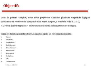 N. Sghaier-II1-2020 66
Objectifs
Dans le présent chapitre, nous nous proposons d’étudier plusieurs dispositifs logiques
combinatoires relativement complexes sous forme intégrée, à moyenne échelle (MSI),
« Medium Scale Integration » couramment utilisés dans les systèmes numériques.
Parmi les fonctions combinatoires, nous étudierons les composants suivants :
1. Codeurs
2. Décodeurs
3. Transcodeurs
4. Multiplexeurs
5. Démultiplexeurs
6. Additionneur
7. Soustracteur
8. Multiplieur
9. UAL
10. Comparateurs
 