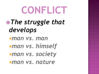 Thestruggle that
develops
man vs. man
man vs. himself
man vs. society
man vs. nature
 