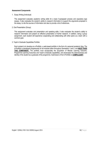 Assessment Components 
1. Essay Writing (Individual) 
This assignment evaluates academic writing skills for a basic 5-paragraph process and expository type 
essays. It also evaluates the student’s ability to research information to support the arguments proposed in 
the essay, to cite the sources of information and also to provide a list of references. 
2. Oral Presentation (Group) 
This assignment evaluates oral presentation and speaking skills. It also evaluates the student’s ability to 
research information and present an effective presentation of his/her research. In addition, being a group 
assignment, each student will experience cooperating and collaborating with other peers as a team with a 
common goal. 
3. Taylor’s Graduate Capabilities Portfolio 
Each student is to develop an e-Portfolio, a web-based portfolio in the form of a personal academic blog. The 
e-Portfolio is developed progressively for all modules taken throughout Semesters 1 and 2, and MUST PASS 
THIS COMPONENT. The portfolio must encapsulate the acquisition of Module Learning Outcome, 
Programme Learning Outcomes and Taylor’s Graduate Capabilities, and showcases the distinctiveness and 
identity of the student as a graduate of the programme. Submission of the E-Portfolio is COMPULSARY. 
English 1 (ENGL 0105 / ELG 30505) August, 2014 6 | P a g e 
 