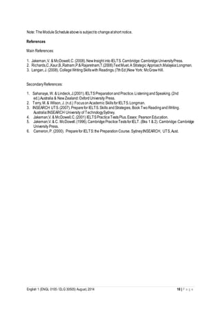 English 1 (ENGL 0105 / ELG 30505) August, 2014 10 | P a g e
Note: TheModuleScheduleaboveis subjectto changeatshort notice.
References
Main References:
1. Jakeman,V. & McDowell,C. (2008).NewInsight into IELTS.Cambridge:CambridgeUniversityPress.
2. Richards,C.,Kaur,B.,Ratnam,P.&Rajaretnam,T.(2008).TextMuet.A Strategic Approach.Malaysia:Longman.
3. Langan,J. (2008). CollegeWritingSkillswith Readings.(7thEd.)New York: McGrawHill.
SecondaryReferences:
1. Sahanaya, W. & Lindeck,J.(2001).IELTSPreparationandPractice.ListeningandSpeaking.(2nd
ed.).Australia & NewZealand:OxfordUniversity Press.
2. Terry, M.& Wilson, J. (n.d.) FocusonAcademic SkillsforIELTS.Longman.
3. INSEARCH UTS.(2007).Preparefor IELTS.Skills andStrategies, Book TwoReadingandWriting.
Australia:INSEARCH University of TechnologySydney.
4. Jakeman,V. & McDowell,C.(2001) IELTSPracticeTestsPlus.Essex: PearsonEducation.
5. Jakeman,V. & C. McDowell.(1996).CambridgePracticeTestsforIELT.(Bks 1 & 2). Cambridge:Cambridge
University Press.
6. Cameron,P. (2000). Preparefor IELTS:the PreparationCourse. Sydney:INSEARCH, UTS,Aust.
 