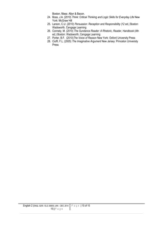 Boston, Mass: Allyn & Bacon.
24. Boss, J.A. (2010) Think: Critical Thinking and Logic Skills for Everyday Life New
York: McGraw Hill
25. Larson, C.U. (2010) Persuasion: Reception and Responsibility (12 ed.) Boston:
Wadsworth, Cengage Learning
26. Connely, M. (2010) The Sundance Reader: A Rhetoric, Reader, Handbook (4th
ed.) Boston: Wadsworth, Cengage Learning
27. Porter, B.F. (2010)The Voice of Reason New York: Oxford University Press
28. Cioffi, F.L. (2005) The Imaginative Argument New Jersey: Princeton University
Press
English 2 (ENGL 0205 / ELG 30605) JAN – DEC 2014
15 | P a g e
P a g e | 15 of 15
 