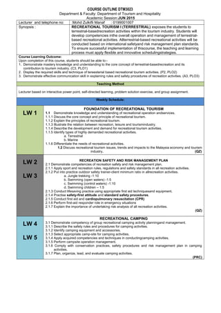 COURSE OUTLINE DTM3023
Department & Faculty: Department of Tourism and Hospitality
Academic Session:JUN 2015
Lecturer and telephone no: :Mohd Zulkifli Manaf : 0199001007
Synopsis : RECREATIONAL TOURISM I (TERRESTRIAL) exposes the students to
terrestrial-basedrecreation activities within the tourism industry. Students will
develop competencies inthe overall operation and management of terrestrial-
based recreational activities. Allterrestrial-based recreational activities will be
conducted based on international safetyand risk management plan standards.
To ensure successful implementation of thiscourse, the teaching and learning
process must apply flexible and innovative schedulingstrategies.
Course Learning Outcome:
Upon completion of this course, students should be able to:-
1. Demonstrate mastery knowledge and understanding to the core concept of terrestrial-basedrecreation and its
contribution to tourism industry. (C3, PLO1)
2. Display the required skills and technique of tereesterial based recreational tourism activities. (P2, PLO2)
3. Demonstrate effective communication skill in explaining rules and safety procedures of recreation activities. (A3, PLO3)
Teaching Method
Lecturer based on interactive power point, self-directed learning, problem solution exercise, and group assignment.
Weekly Schedule:
LW 1
FOUNDATION OF RECREATIONAL TOURISM
1.1 Demonstrate knowledge and understanding of recreational operation andservices.
1.1.1 Discuss the core concept and principle of recreational tourism.
1.1.2 Explain the principles of recreational tourism.
1.1.3 Illustrate the relation between recreation, leisure and tourismindustry.
1.1.4 Describe the development and demand for recreational tourism activities.
1.1.5 Identify types of highly demanded recreational activities.
a. Terrestrial
b. Marine
1.1.6 Differentiate the needs of recreational activities.
1.2 Discuss recreational tourism issues, trends and impacts to the Malaysia economy and tourism
industry. (QZ)
LW 2
LW 3
RECREATION SAFETY AND RISK MANAGEMENT PLAN
2.1 Demonstrate competencies of recreation safety and risk management plan.
2.1.1 Apply sport and recreation rules, regulations and safety standards in all recreation activities.
2.1.2 Put into practice outdoor safety trainer-client minimum ratio in allrecreation activities.
a. Jungle trekking -1:10
b. Swimming (open waters) -1:5
c. Swimming (control waters) -1:10
d. Swimming children – 1:5
2.1.3 Conduct lifesaving practice using appropriate first aid techniquesand equipment.
2.1.4 Practise safety-first attitude and standard safety procedures.
2.1.5 Conduct first aid and cardiopulmonary resuscitation (CPR)
2.1.6 Perform first-aid responder role in emergency situations
2.1.7 Explain the importance of undertaking risk analysis of all recreation activities.
(QZ)
LW 4
LW 5
RECREATIONAL CAMPING
3.1 Demonstrate competency of group recreational camping activity planningand management.
3.1.1 Describe the safety rules and procedures for camping activities.
3.1.2 Identify camping equipment and accessories.
3.1.3 Select appropriate camp-site for camping activities.
3.1.4 Apply acquired competencies and techniques in conductingcamping activities.
3.1.5 Perform campsite operation management.
3.1.6 Comply with conservation practices, safety procedures and risk management plan in camping
activities.
3.1.7 Plan, organize, lead, and evaluate camping activities.
(PRC)
 