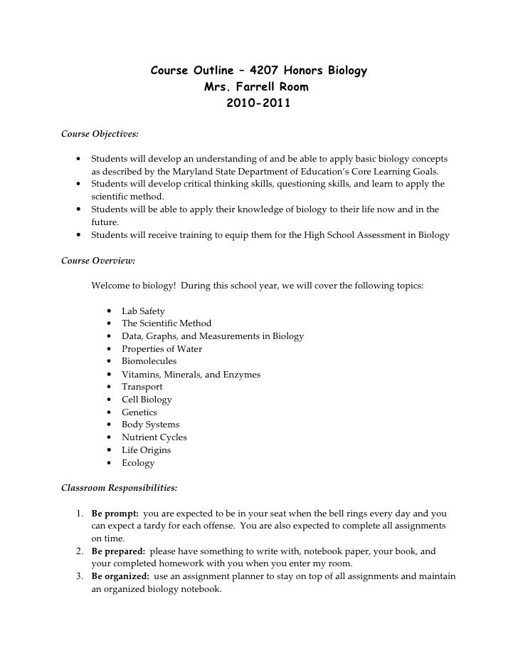 course outline honors bio 10 11 bio outline