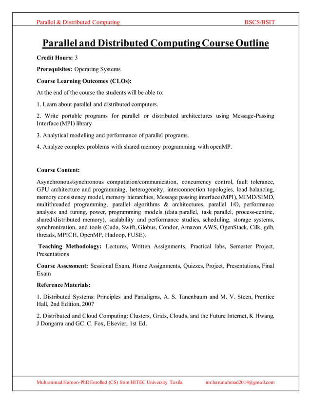 Course outline of parallel and distributed computing | PDF