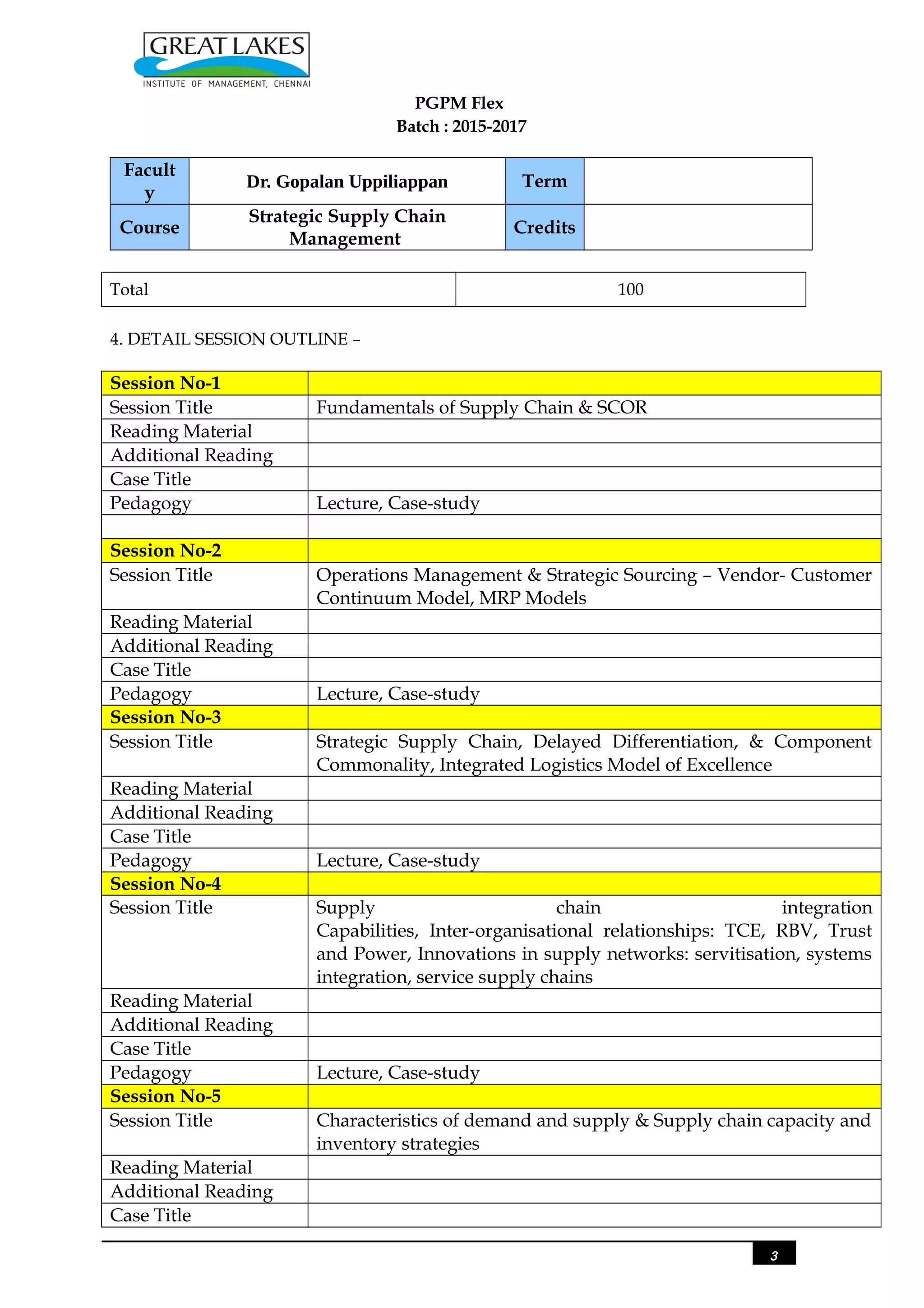 PGPM Flex
Batch : 2015-2017
Facult
y
Dr. Gopalan Uppiliappan Term
Course
Strategic Supply Chain
Management
Credits
Total 100
4. DETAIL SESSION OUTLINE –
Session No-1
Session Title Fundamentals of Supply Chain & SCOR
Reading Material
Additional Reading
Case Title
Pedagogy Lecture, Case-study
Session No-2
Session Title Operations Management & Strategic Sourcing – Vendor- Customer
Continuum Model, MRP Models
Reading Material
Additional Reading
Case Title
Pedagogy Lecture, Case-study
Session No-3
Session Title Strategic Supply Chain, Delayed Differentiation, & Component
Commonality, Integrated Logistics Model of Excellence
Reading Material
Additional Reading
Case Title
Pedagogy Lecture, Case-study
Session No-4
Session Title Supply chain integration
Capabilities, Inter-organisational relationships: TCE, RBV, Trust
and Power, Innovations in supply networks: servitisation, systems
integration, service supply chains
Reading Material
Additional Reading
Case Title
Pedagogy Lecture, Case-study
Session No-5
Session Title Characteristics of demand and supply & Supply chain capacity and
inventory strategies
Reading Material
Additional Reading
Case Title
3
 