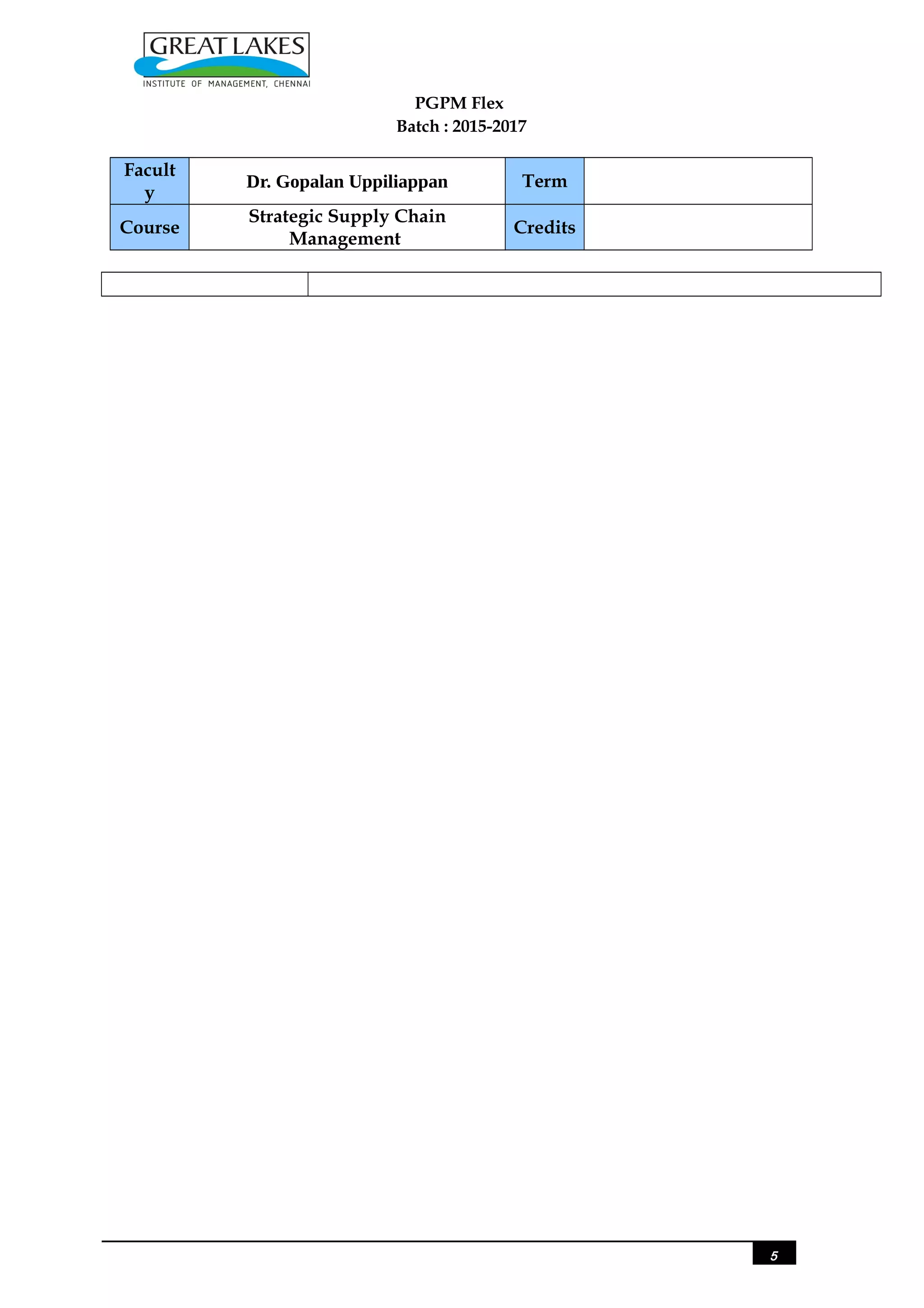 PGPM Flex
Batch : 2015-2017
Facult
y
Dr. Gopalan Uppiliappan Term
Course
Strategic Supply Chain
Management
Credits
5
 