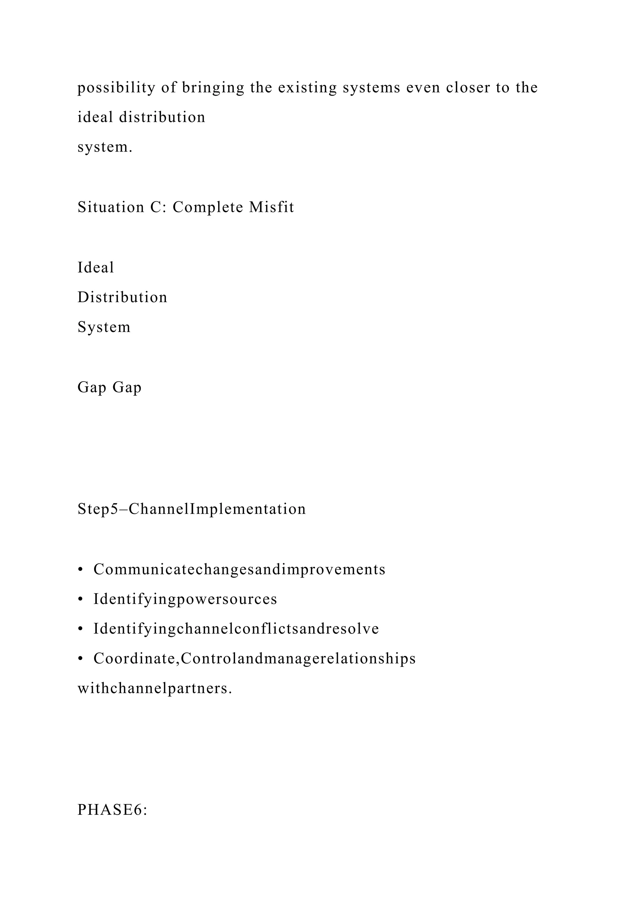 possibility of bringing the existing systems even closer to the
ideal distribution
system.
Situation C: Complete Misfit
Ideal
Distribution
System
Gap Gap
Step5–ChannelImplementation
• Communicatechangesandimprovements
• Identifyingpowersources
• Identifyingchannelconflictsandresolve
• Coordinate,Controlandmanagerelationships
withchannelpartners.
PHASE6:
 