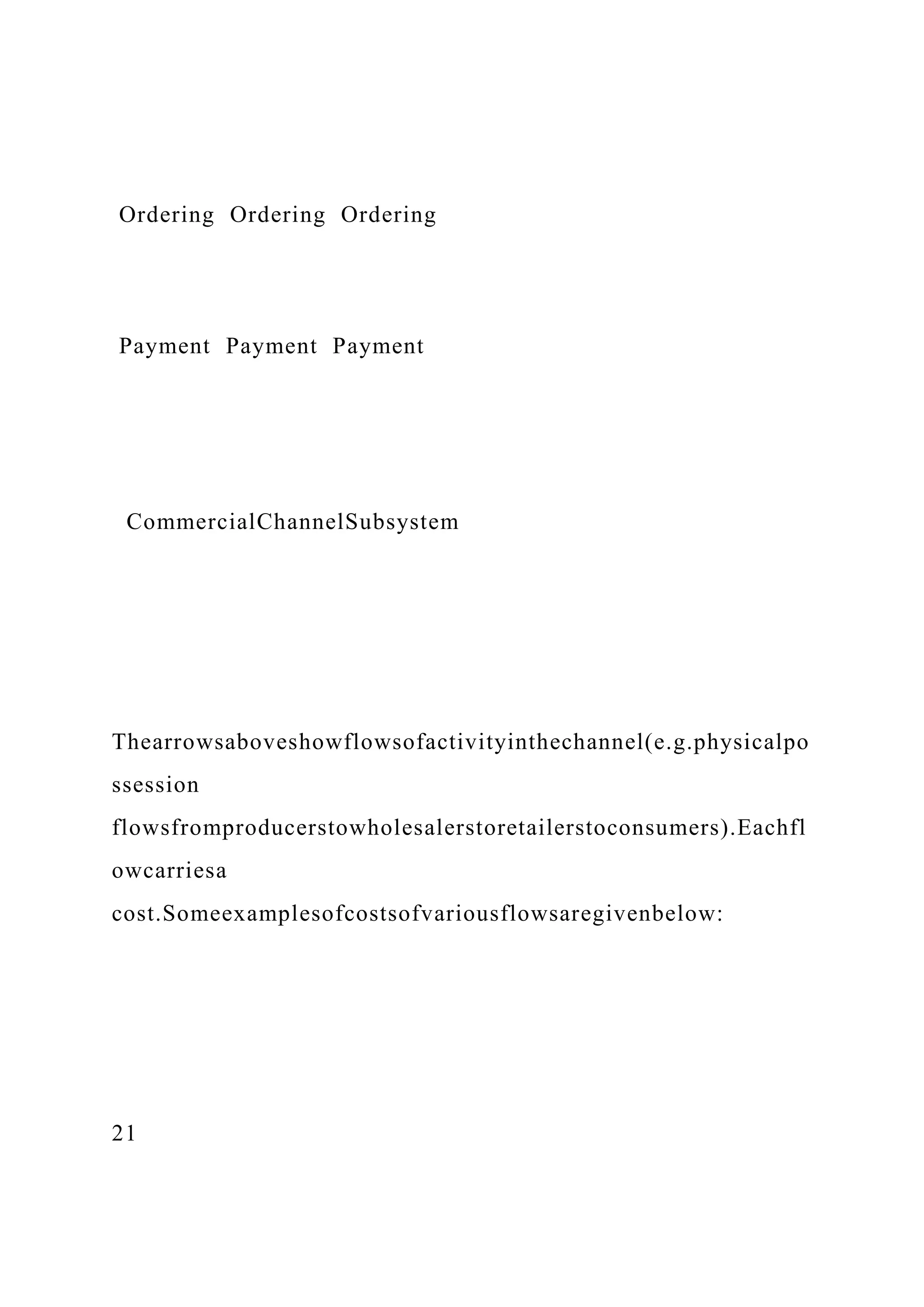 Ordering Ordering Ordering
Payment Payment Payment
CommercialChannelSubsystem
Thearrowsaboveshowflowsofactivityinthechannel(e.g.physicalpo
ssession
flowsfromproducerstowholesalerstoretailerstoconsumers).Eachfl
owcarriesa
cost.Someexamplesofcostsofvariousflowsaregivenbelow:
21
 