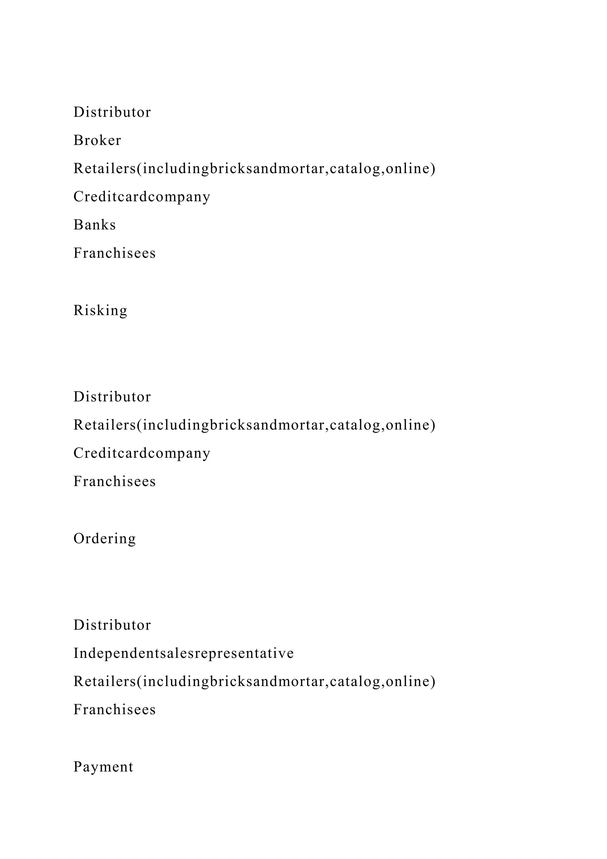 Distributor
Broker
Retailers(includingbricksandmortar,catalog,online)
Creditcardcompany
Banks
Franchisees
Risking
Distributor
Retailers(includingbricksandmortar,catalog,online)
Creditcardcompany
Franchisees
Ordering
Distributor
Independentsalesrepresentative
Retailers(includingbricksandmortar,catalog,online)
Franchisees
Payment
 