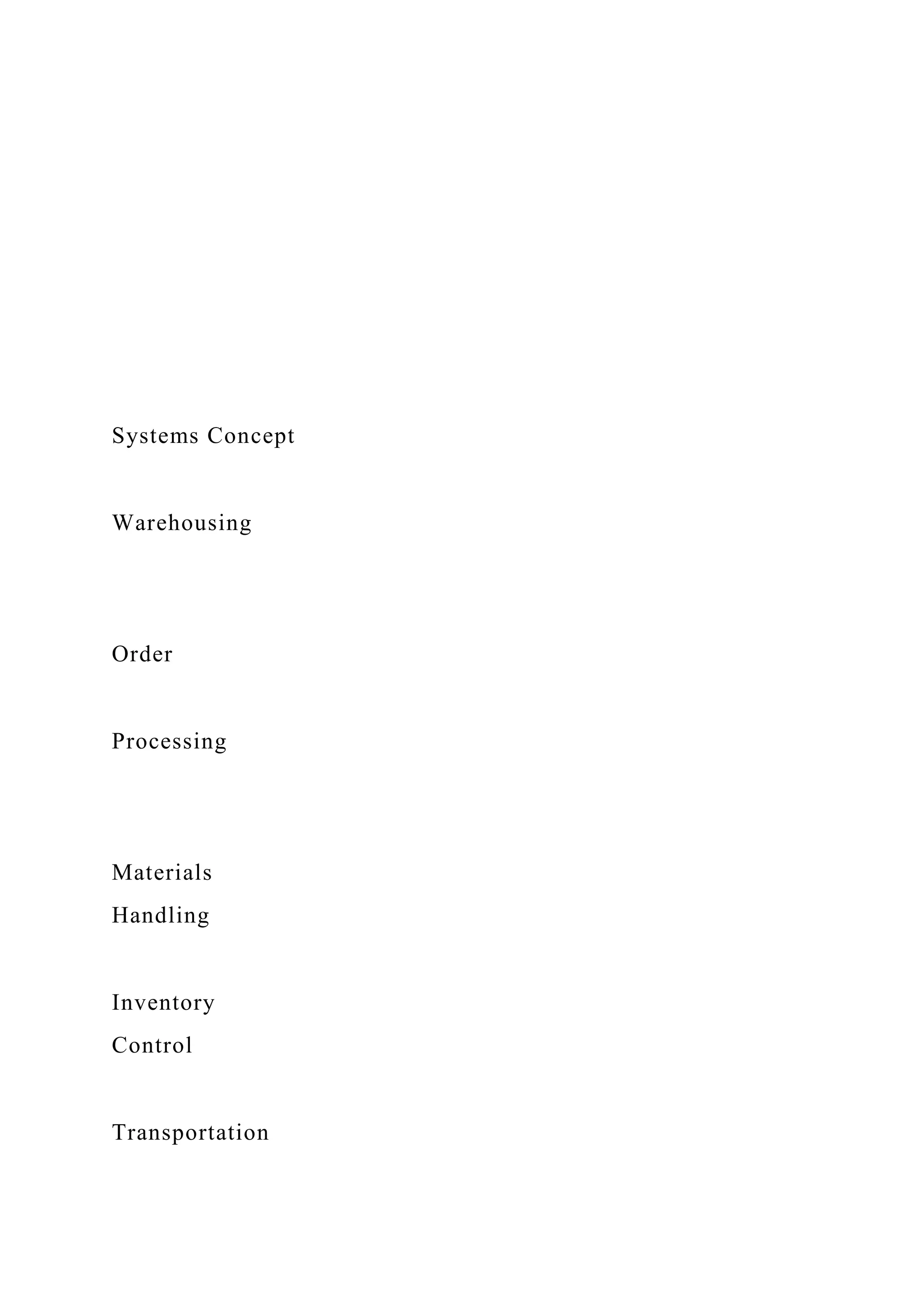 Systems Concept
Warehousing
Order
Processing
Materials
Handling
Inventory
Control
Transportation
 