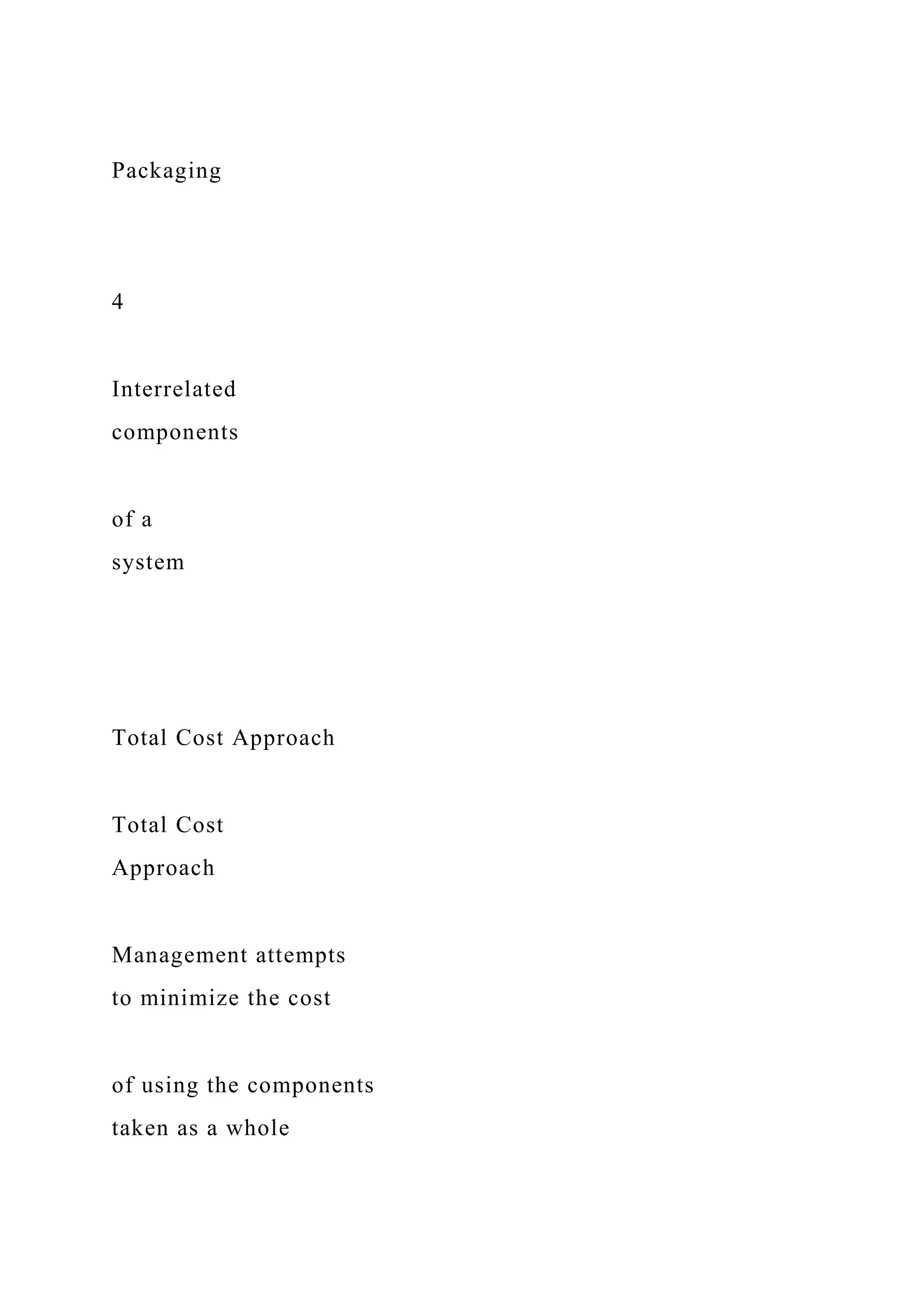 Packaging
4
Interrelated
components
of a
system
Total Cost Approach
Total Cost
Approach
Management attempts
to minimize the cost
of using the components
taken as a whole
 