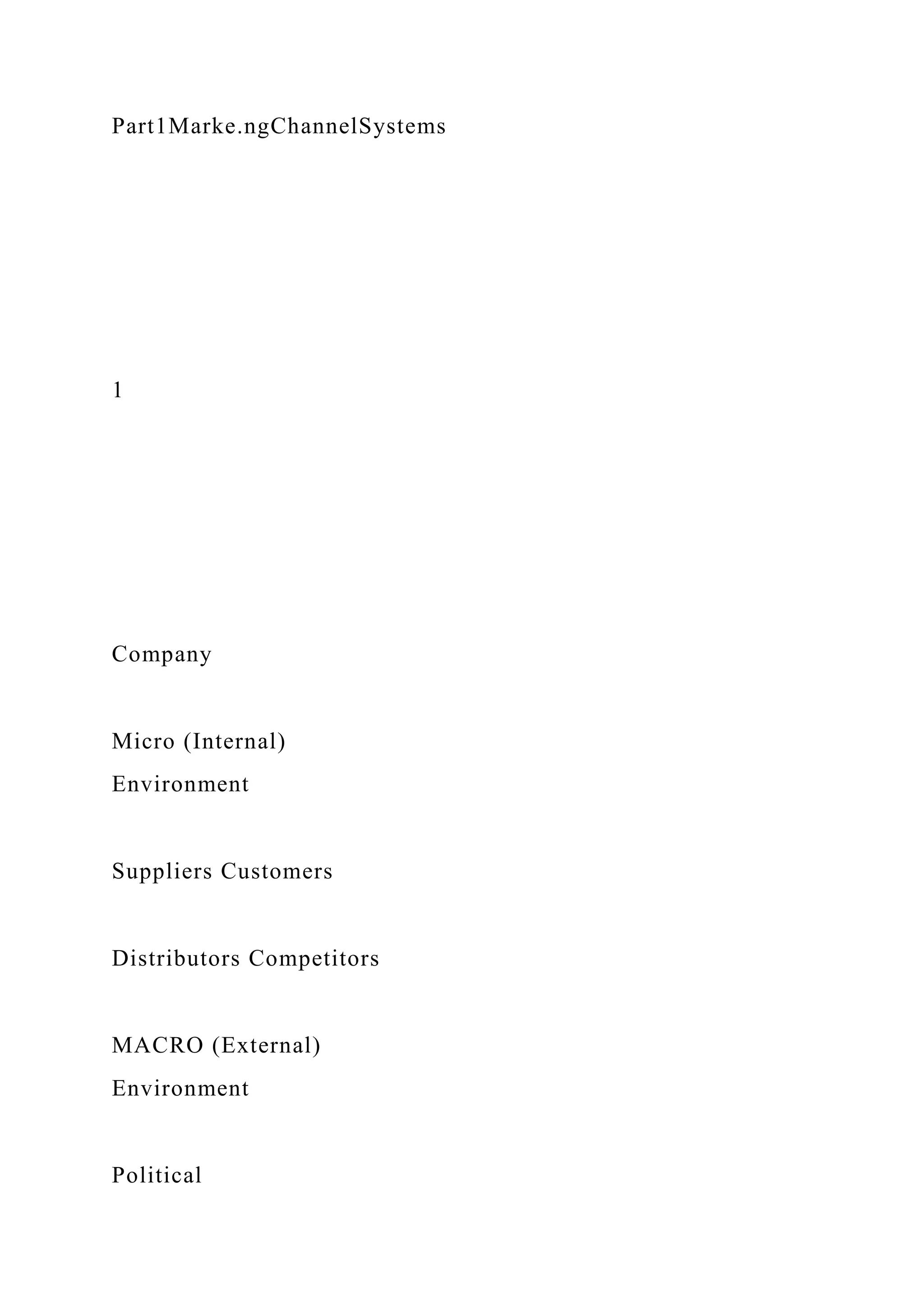 Part1Marke.ngChannelSystems
1
Company
Micro (Internal)
Environment
Suppliers Customers
Distributors Competitors
MACRO (External)
Environment
Political
 