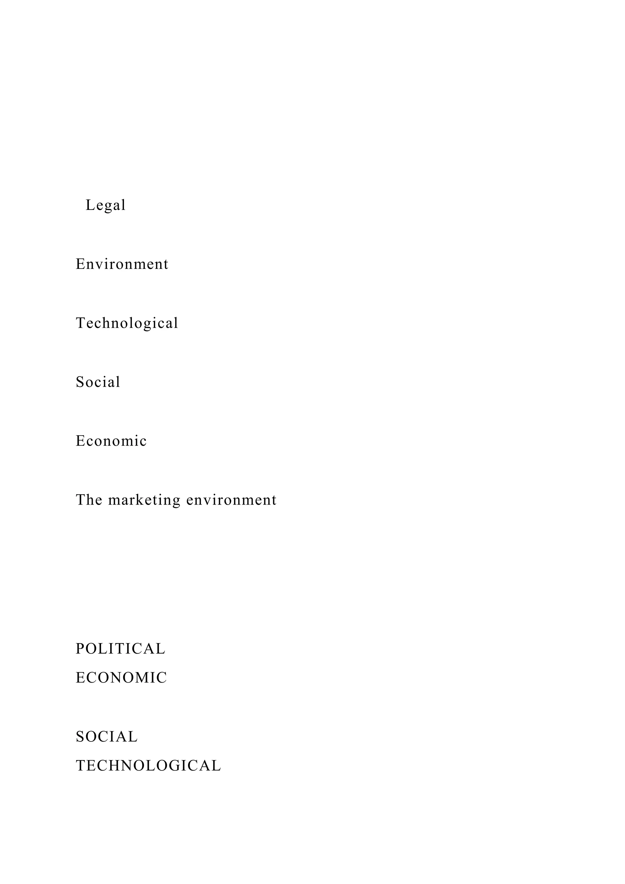 Legal
Environment
Technological
Social
Economic
The marketing environment
POLITICAL
ECONOMIC
SOCIAL
TECHNOLOGICAL
 