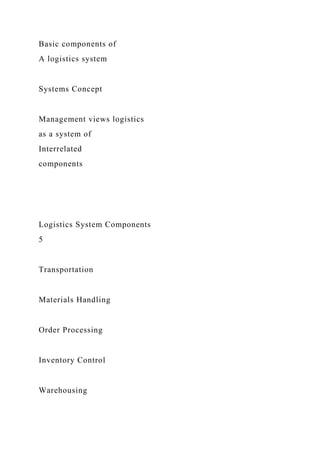 Basic components of
A logistics system
Systems Concept
Management views logistics
as a system of
Interrelated
components
Logistics System Components
5
Transportation
Materials Handling
Order Processing
Inventory Control
Warehousing
 