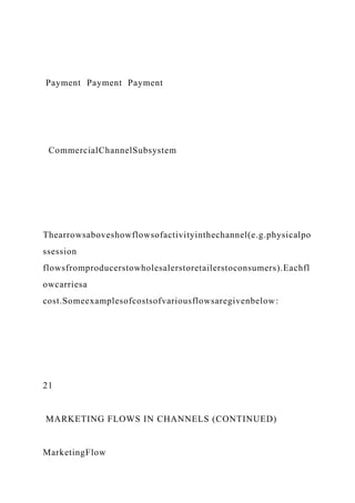 Payment Payment Payment
CommercialChannelSubsystem
Thearrowsaboveshowflowsofactivityinthechannel(e.g.physicalpo
ssession
flowsfromproducerstowholesalerstoretailerstoconsumers).Eachfl
owcarriesa
cost.Someexamplesofcostsofvariousflowsaregivenbelow:
21
MARKETING FLOWS IN CHANNELS (CONTINUED)
MarketingFlow
 