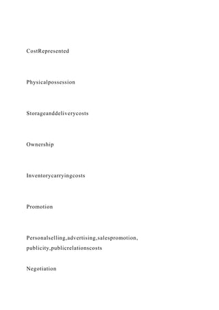 CostRepresented
Physicalpossession
Storageanddeliverycosts
Ownership
Inventorycarryingcosts
Promotion
Personalselling,advertising,salespromotion,
publicity,publicrelationscosts
Negotiation
 