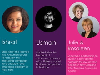 Ishrat
Used what she learned
in a +Acumen course
to redesign the
marketing campaign
for a citywide food
assistance program in
New York
Usman
Applied what he
learned in 7
+Acumen courses to
win a Unilever social
business competition
in Pakistan
Julie &
Rosaleen
Secured a partnership to
launch a new dental
program for low-income
people in New Zealand
after taking a +Acumen
course
 