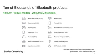 41
Statler Consulting @stevestatler www.statlerconsulting.com
Ten of thousands of Bluetooth products
48,000+ Product models –20,000 SIG Members
http://www.bluetooth.com/Pages/Product-Directory.aspx
 