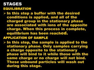 STAGES
EQUILIBRATION
 In this step a buffer with the desired
conditions is applied, and all of the
charged group in the stationary phase
are associated with ions of the opposite
charge. When this process in complete,
equilibrium has been reached.
APPLICATION OF SAMPLE
 In this step, the sample is applied to the
stationary phase. Only samples carrying
a charge opposite to the stationary
phase will bind to it while those with the
same charge or no charge will not bind.
These unbound particles will wash out
during this stage.
 