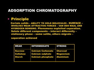 ADSORPTION CHROMATOGRAPHY
• Principle
Certain solids - ABILITY TO HOLD MOLECULES - SURFACE –
INVOLVES WEAK ATTRACTIVE FORCES – VAN DER WAAL AND
HYDROGEN BONDING. Phenomena exploited separation.
Solute different components – interact differently –
stationary phase – some settle, others migrate –
separation achieved
WEAK INTERMEDIATE STRONG
Sucrose
Cellulose
Starch
Calcium Carbonate
Calcium sulphate
Calcium phosphate
Charcoal
Magnesium
Aluminium
 