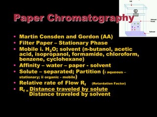 • Martin Consden and Gordon (AA)
• Filter Paper – Stationary Phase
• Mobile i. H2O; solvent (n-butanol, acetic
acid, isopropanol, formamide, chloroform,
benzene, cyclohexane)
• Affinity – water – paper - solvent
• Solute – separated; Partition (i aqueous –
stationary; ii organic - mobile)
• Relative rate of Flow Rf (Retardation Factor)
• Rf = Distance traveled by solute
Distance traveled by solvent
Paper Chromatography
 