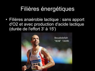 Filières énergétiques Filières anaérobie lactique : sans apport d'O2 et avec production d'acide lactique (durée de l'effort 3' à 15') Bouabdellah "BOB"  TAHRI 