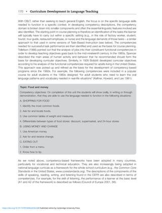 170 • Curriculum Development in Language Teaching
P[O*)3;YH[OLY[OHUZLLRPUN[V[LHJONLULYHS,UNSPZO[OLMVJZPZVU[OLZWLJPÄJSHUNHNLZRPSSZ
ULLKLK [V MUJ[PVU PU H ZWLJPÄJ JVU[L_[ 0U KL]LSVWPUN JVTWL[LUJ` KLZJYPW[PVUZ [OL JVTWL[LUJ`
domain is broken down into smaller components and often the essential linguistic features involved are
HSZVPKLU[PÄLK;OLZ[HY[PUNWVPU[PUJVYZLWSHUUPUNPZ[OLYLMVYLHUPKLU[PÄJH[PVUVM[OL[HZRZ[OLSLHYULY
^PSS[`WPJHSS`OH]L[VJHYY`V[^P[OPUHZWLJPÄJZL[[PUNLNPU[OLYVSLVMMHJ[VY`^VYRLYZ[KLU[
tourist, tour guide, restaurant employee, or nurse) and the language demands of those tasks – a similar
approach to that used in some versions of Task-Based Instruction (see below). The competencies
ULLKLKMVYZJJLZZMS[HZRWLYMVYTHUJLHYL[OLUPKLU[PÄLKHUKZLKHZ[OLIHZPZMVYJVYZLWSHUUPUN
;VSSLMZVU WVPU[LKV[[OH[[OLHUHS`ZPZVMQVIZPU[V[OLPYJVUZ[P[LU[MUJ[PVUHSJVTWL[LUJPLZPU
VYKLY[VKL]LSVW[LHJOPUNVIQLJ[P]LZNVLZIHJR[V[OLTPKUPUL[LLU[OJLU[Y`0U[OLZ:WLUJLY
described the main areas of human activity and behavior that he recommended should form the
IHZPZMVYKL]LSVWPUNJYYPJSHYVIQLJ[P]LZ:PTPSHYS`PU )VIIP[[KL]LSVWLKJYYPJSHYVIQLJ[P]LZ
according to his analysis of the functional competencies required for adults living in the United States.
;OPZHWWYVHJO^HZWPJRLKWHUKYLÄULKHZ[OLIHZPZMVY[OLKL]LSVWTLU[VMJVTWL[LUJ`IHZLK
programs since the 1960s. For example, the following competencies were included in a popular
JVYZL MVY HKS[ Z[KLU[Z PU [OL  Z KLZPNULK ¸MVY HKS[ Z[KLU[Z ^OV ULLK [V SLHYU [OL VYHS
language patterns and vocabulary needed in real-life situations” (Keltner, Howard, and Lee 1981):
Topic: Food and money
*VTWL[LUJ`VIQLJ[P]LZ! On completion of this unit the students will show orally, in writing or through
demonstration, that they are able to use the language needed to function in the following situations:
A. SHOPPING FOR FOOD
1. Identify the most common foods.
2. Ask for and locate foods.
3. Use common tables of weight and measures.
+PќLYLU[PH[LIL[^LLU[`WLZVMMVVKZ[VYLZ!KPZJVU[ZWLYTHYRL[HUKOVYZ[VYLZ
B. USING MONEY AND CHANGE
1. Use American money.
2. Ask for and receive change.
C. EATING OUT
1. Order from a menu.
2. Know how to tip.
As we noted above, competency-based frameworks have been adopted in many countries,
particularly for vocational and technical education. They are also increasingly being adopted in
national language curricula as a framework for the whole school curriculum (e.g., the Common Core
Standards in the United States, www.corestandards.org). The descriptions of the components of the
skills of speaking, reading, writing, and listening found in the CEFR are also described in terms of
competencies. For example, for the skill of listening, the performance of a learner at the basic level
(A1 and A2 of the framework) is described as follows (Council of Europe 2001, 66):
https://doi.org/10.1017/9781009024556.008 Published online by Cambridge University Press
 