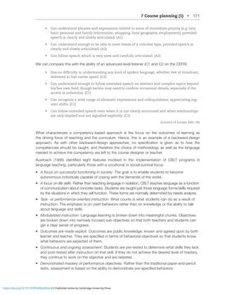 7 Course planning (1) • 171
• Can understand phrases and expressions related to areas of immediate priority (e.g. very
basic personal and family information, shopping, local geography, employment), provided
speech is clearly and slowly articulated. (A1)
• Can understand enough to be able to meet needs of a concrete type, provided speech is
clearly and slowly articulated. (A2)
• Can follow speech which is very slow and carefully articulated. (A2)
We can compare this with the ability of an advanced-level listener (C1 and C2 on the CEFR):
• Has no difficulty in understanding any kind of spoken language, whether live or broadcast,
delivered at fast native speed. (C2)
• Can understand enough to follow extended speech on abstract and complex topics beyond
his/her own field, though he/she may need to confirm occasional details, especially if the
accent is unfamiliar. (C1)
• Can recognize a wide range of idiomatic expressions and colloquialisms, appreciating reg-
ister shifts. (C1)
• Can follow extended speech even when it is not clearly structured and when relationships
are only implied and not signalled explicitly. (C1)
(Council of Europe 2001, 66)
What characterizes a competency-based approach is the focus on the outcomes of learning as
the driving force of teaching and the curriculum. Hence, this is an example of a backward-design
HWWYVHJO (Z ^P[O V[OLY IHJR^HYKKLZPNU HWWYVHJOLZ UV ZWLJPÄJH[PVU PZ NP]LU HZ [V how the
competencies should be taught, and therefore the choice of methodology as well as the language
needed to achieve the competency are left to the course designer or teacher.
(LYIHJO   PKLU[PÄLK LPNO[ MLH[YLZ PU]VS]LK PU [OL PTWSLTLU[H[PVU VM *)3; WYVNYHTZ PU
language teaching, particularly those with a vocational or social-survival focus.
• (MVJZVUZJJLZZMSMUJ[PVUPUNPUZVJPL[`! The goal is to enable students to become
autonomous individuals capable of coping with the demands of the world.
• (MVJZVUSPMLZRPSSZ! Rather than teaching language in isolation, CBLT teaches language as a function
VMJVTTUPJH[PVUHIV[JVUJYL[L[HZRZ:[KLU[ZHYL[HNO[QZ[[OVZLSHUNHNLMVYTZZRPSSZYLXPYLK
by the situations in which they will function. These forms are normally determined by needs analysis.
• ;HZRVYWLYMVYTHUJLVYPLU[LKPUZ[YJ[PVU! What counts is what students can do as a result of
instruction. The emphasis is on overt behaviors rather than on knowledge or the ability to talk
about language and skills.
• 4VKSHYPaLKPUZ[YJ[PVU!3HUNHNLSLHYUPUNPZIYVRLUKV^UPU[VTLHUPUNMSJOURZ6IQLJ[P]LZ
HYLIYVRLUKV^UPU[VUHYYV^S`MVJZLKZIVIQLJ[P]LZZV[OH[IV[O[LHJOLYZHUKZ[KLU[ZJHU
get a clear sense of progress.
• 6[JVTLZHYLTHKLL_WSPJP[! Outcomes are public knowledge, known and agreed upon by both
SLHYULYHUK[LHJOLY;OL`HYLZWLJPÄLKPU[LYTZVMILOH]PVYHSVIQLJ[P]LZZV[OH[Z[KLU[ZRUV^
what behaviors are expected of them.
• *VU[PUVZHUKVUNVPUNHZZLZZTLU[! Students are pre-tested to determine what skills they lack
and post-tested after instruction on that skill. If they do not achieve the desired level of mastery,
[OL`JVU[PUL[V^VYRVU[OLVIQLJ[P]LHUKHYLYL[LZ[LK
• +LTVUZ[YH[LKTHZ[LY`VMWLYMVYTHUJLVIQLJ[P]LZ! Rather than the traditional paper-and-pencil
[LZ[ZHZZLZZTLU[PZIHZLKVU[OLHIPSP[`[VKLTVUZ[YH[LWYLZWLJPÄLKILOH]PVYZ
https://doi.org/10.1017/9781009024556.008 Published online by Cambridge University Press
 