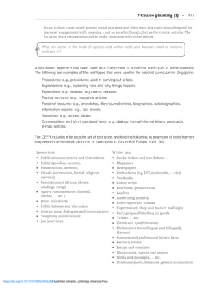 7 Course planning (1) • 177
A curriculum constructed around social practices and their texts is a curriculum designed for
learners’ engagement with meaning – not as an afterthought, but as the central activity. The
focus on texts creates potential to make meanings with other people.
A text-based approach has been used as a component of a national curriculum in some contexts.
The following are examples of the text types that were used in the national curriculum in Singapore:
7YVJLKYLZ!e.g., procedures used in carrying out a task.
,_WSHUH[PVUZ!e.g., explaining how and why things happen.
,_WVZP[PVUZ!e.g., reviews, arguments, debates.
-HJ[HSYLJVU[Z!e.g., magazine articles.
7LYZVUHSYLJVU[Z!LNHULJKV[LZKPHY`QVYUHSLU[YPLZIPVNYHWOPLZH[VIPVNYHWOPLZ
0UMVYTH[PVUYLWVY[Z!e.g., fact sheets.
5HYYH[P]LZ! e.g., stories, fables.
*VU]LYZH[PVUZHUKZOVY[MUJ[PVUHS[L_[Z!e.g., dialogs, formal/informal letters, postcards,
e-mail, notices.
The CEFR includes a far broader set of text types and lists the following as examples of texts learners
may need to understand, produce, or participate in (Council of Europe 2001, 95):
Spoken texts Written texts
• Public announcements and instructions
• Public speeches, lectures,
• Presentations, sermons
• Rituals (ceremonies, formal religious
services)
• Entertainment (drama, shows,
readings, songs)
• Sports commentaries (football,
cricket, … etc.)
• News broadcasts
• Public debates and discussion
• Interpersonal dialogues and conversations
• Telephone conversations
• Job interviews
• Books: fiction and non-fiction …
• Magazines
• Newspapers
• Instructions (e.g. DIY, cookbooks, … etc.)
• Textbooks
• Comic strips
• Brochures, prospectuses
• Leaflets
• Advertising material
• Public signs and notices
• Supermarket, shop and market-stall signs
• Packaging and labelling on goods
• Tickets, … etc.
• Forms and questionnaires
• Dictionaries (monolingual and bilingual),
thesauri
• Business and professional letters, faxes
• Personal letters
• Essays and exercises
• Memoranda, reports and papers
• Notes and messages, … etc.
• Databases (news, literature, general information)
What are some of the kinds of spoken and written texts your learners need to become
WYVÄJPLU[PU
https://doi.org/10.1017/9781009024556.008 Published online by Cambridge University Press
 