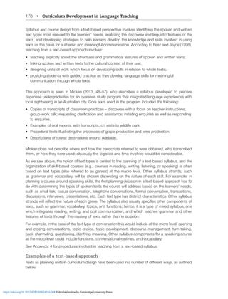 178 • Curriculum Development in Language Teaching
Syllabus and course design from a text-based perspective involves identifying the spoken and written
text types most relevant to the learners’ needs, analyzing the discourse and linguistic features of the
texts, and developing strategies to help learners develop the knowledge and skills involved in using
[L_[ZHZ[OLIHZPZMVYH[OLU[PJHUKTLHUPUNMSJVTTUPJH[PVU(JJVYKPUN[V-LLaHUK1V`JL 
teaching from a text-based approach involves:
• teaching explicitly about the structures and grammatical features of spoken and written texts;
• linking spoken and written texts to the cultural context of their use;
• designing units of work which focus on developing skills in relation to whole texts;
• providing students with guided practice as they develop language skills for meaningful
communication through whole texts.
This approach is seen in Mickan (2013, 48–57), who describes a syllabus developed to prepare
1HWHULZLUKLYNYHKH[LZMVYHUV]LYZLHZZ[K`WYVNYHT[OH[PU[LNYH[LKSHUNHNLL_WLYPLUJLZ^P[O
local sightseeing in an Australian city. Core texts used in the program included the following:
• Copies of transcripts of classroom practices – discourse with a focus on teacher instructions;
NYVW^VYR[HSRYLXLZ[PUNJSHYPÄJH[PVUHUKHZZPZ[HUJLPUP[PH[PUNLUXPYPLZHZ^LSSHZYLZWVUKPUN
to enquiries.
• Examples of oral reports, with transcripts, on visits to wildlife park.
• Procedural texts illustrating the processes of grape production and wine production.
• Descriptions of tourist destinations around Adelaide.
Mickan does not describe where and how the transcripts referred to were obtained, who transcribed
them, or how they were used: obviously the logistics and time involved would be considerable.
As we saw above, the notion of text types is central to the planning of a text-based syllabus, and the
organization of skill-based courses (e.g., courses in reading, writing, listening, or speaking) is often
based on text types (also referred to as genres) at the macro level. Other syllabus strands, such
as grammar and vocabulary, will be chosen depending on the nature of each skill. For example, in
WSHUUPUNHJVYZLHYVUKZWLHRPUNZRPSSZ[OLÄYZ[WSHUUPUNKLJPZPVUPUH[L_[IHZLKHWWYVHJOOHZ[V
do with determining the types of spoken texts the course will address based on the learners’ needs,
such as small talk, casual conversation, telephone conversations, formal conversation, transactions,
discussions, interviews, presentations, etc. Each text type has distinct characteristics. Other syllabus
Z[YHUKZ^PSSYLÅLJ[[OLUH[YLVMLHJONLUYL;OLZ`SSHIZHSZVZHSS`ZWLJPÄLZV[OLYJVTWVULU[ZVM
texts, such as grammar, vocabulary, topics, and functions; hence, it is a type of mixed syllabus, one
which integrates reading, writing, and oral communication, and which teaches grammar and other
features of texts through the mastery of texts rather than in isolation.
For example, in the case of the text type of conversation this would include at the micro level, opening
and closing conversations, topic choice, topic development, discourse management, turn taking,
back channeling, questioning, clarifying meaning. Other syllabus components for a speaking course
at the micro level could include functions, conversational routines, and vocabulary.
See Appendix 4 for procedures involved in teaching from a text-based syllabus.
Examples of a text-based approach
;L_[ZHZWSHUUPUNUP[ZPUJYYPJSTKLZPNUOH]LILLUZLKPUHUTILYVMKPќLYLU[^H`ZHZV[SPULK
below.
https://doi.org/10.1017/9781009024556.008 Published online by Cambridge University Press
 