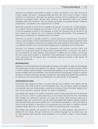 7 Course planning (1) • 183
(K]HUJLK3V^ZWLHRLYZKLTVUZ[YH[L[OLHIPSP[`[VUHYYH[LHUKKLZJYPILPU[OLTHQVY[PTLMYHTLZ
of past, present, and future in paragraph-length discourse with some control of aspect. In these
narrations and descriptions, Advanced Low speakers combine and link sentences into connected
discourse of paragraph length, although these narrations and descriptions tend to be handled
separately rather than interwoven. They can handle appropriately the essential linguistic challenges
presented by a complication or an unexpected turn of events.
Responses produced by Advanced Low speakers are typically not longer than a single paragraph.
The speaker’s dominant language may be evident in the use of false cognates, literal translations,
or the oral paragraph structure of that language. At times their discourse may be minimal for the
SL]LS THYRLK I` HU PYYLNSHY ÅV^ HUK JVU[HPUPUN UV[PJLHISL ZLSMJVYYLJ[PVU 4VYL NLULYHSS` [OL
performance of Advanced Low speakers tends to be uneven.
Advanced Low speech is typically marked by a certain grammatical roughness (e.g., inconsistent
control of verb endings), but the overall performance of the Advanced-level tasks is sustained, albeit
TPUPTHSS`;OL]VJHISHY`VM(K]HUJLK3V^ZWLHRLYZVM[LUSHJRZZWLJPÄJP[`5L]LY[OLSLZZ(K]HUJLK
Low speakers are able to use communicative strategies such as rephrasing and circumlocution.
(K]HUJLK 3V^ ZWLHRLYZ JVU[YPI[L [V [OL JVU]LYZH[PVU ^P[O ZѝJPLU[ HJJYHJ` JSHYP[` HUK
precision to convey their intended message without misrepresentation or confusion. Their speech
can be understood by native speakers unaccustomed to dealing with non-natives, even though
this may require some repetition or restatement. When attempting to perform functions or handle
topics associated with the Superior level, the linguistic quality and quantity of their speech will
KL[LYPVYH[LZPNUPÄJHU[S`
INTERMEDIATE
Speakers at the Intermediate level are distinguished primarily by their ability to create with the language
when talking about familiar topics related to their daily life. They are able to recombine learned material
in order to express personal meaning. Intermediate-level speakers can ask simple questions and can
handle a straightforward survival situation. They produce sentence-level language, ranging from discrete
sentences to strings of sentences, typically in present time. Intermediate-level speakers are understood
by interlocutors who are accustomed to dealing with non-native learners of the language.
INTERMEDIATE HIGH
0U[LYTLKPH[L/PNOZWLHRLYZHYLHISL[VJVU]LYZL^P[OLHZLHUKJVUÄKLUJL^OLUKLHSPUN^P[O[OL
routine tasks and social situations of the Intermediate level. They are able to handle successfully
uncomplicated tasks and social situations requiring an exchange of basic information related to their
work, school, recreation, particular interests, and areas of competence.
Intermediate High speakers can handle a substantial number of tasks associated with the Advanced
level, but they are unable to sustain performance of all of these tasks all of the time. Intermediate
/PNO ZWLHRLYZ JHU UHYYH[L HUK KLZJYPIL PU HSS THQVY [PTL MYHTLZ ZPUN JVUULJ[LK KPZJVYZL VM
paragraph length, but not all the time. Typically, when Intermediate High speakers attempt to perform
Advanced-level tasks, their speech exhibits one or more features of breakdown, such as the failure to
JHYY`V[MSS`[OLUHYYH[PVUVYKLZJYPW[PVUPU[OLHWWYVWYPH[LTHQVY[PTLMYHTLHUPUHIPSP[`[VTHPU[HPU
paragraph-length discourse, or a reduction in breadth and appropriateness of vocabulary.
Intermediate High speakers can generally be understood by native speakers unaccustomed to
dealing with non-natives, although interference from another language may be evident (e.g., use
of code-switching, false cognates, literal translations), and a pattern of gaps in communication
may occur.
https://doi.org/10.1017/9781009024556.008 Published online by Cambridge University Press
 