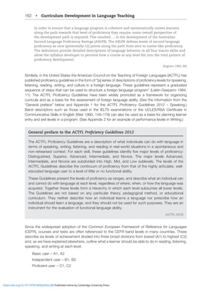 162 • Curriculum Development in Language Teaching
In order to ensure that a language program is coherent and systematically moves learners
along the path towards that level of proficiency they require, some overall perspective of
the development path is required. This resulted … in the development of the Australian
Second Language Proficiency Ratings (ASLPR). The ASLPR defines levels of second language
proficiency as nine (potentially 12) points along the path from zero to native-like proficiency.
The definitions provide detailed descriptions of language behavior in all four macro-skills and
allow the syllabus developer to perceive how a course at any level fits into the total pattern of
proficiency development.
(Ingram 1982, 66)
Similarly, in the United States the American Council on the Teaching of Foreign Languages (ACTFL) has
WISPZOLKWYVÄJPLUJ`NPKLSPULZPU[OLMVYTVM¸BHDZLYPLZVMKLZJYPW[PVUZVMWYVÄJPLUJ`SL]LSZMVYZWLHRPUN
listening, reading, writing, and culture in a foreign language. These guidelines represent a graduated
sequence of steps that can be used to structure a foreign language program” (Liskin-Gasparro 1984,
11). The (*;-3 7YVÄJPLUJ` .PKLSPULZ have been widely promoted as a framework for organizing
curricula and as a basis for the assessment of foreign language ability. (See the information from the
¸.LULYHS WYLMHJL¹ ILSV^ HUK (WWLUKP_  MVY [OL (*;-3 7YVÄJPLUJ` .PKLSPULZ  – Speaking.)
)HUK KLZJYPW[VYZ ZJO HZ [OVZL ZLK PU [OL 0,3;: L_HTPUH[PVUZ VY [OL *3,:9:( *LY[PÄJH[L PU
Communicative Skills in English (Weir 1990, 149–179) can also be used as a basis for planning learner
entry and exit levels in a program. (See Appendix 2 for an example of performance levels in Writing.)
General preface to the ACTFL Proficiency Guidelines 2012
;OL(*;-37YVÄJPLUJ`.PKLSPULZHYLHKLZJYPW[PVUVM^OH[PUKP]PKHSZJHUKV^P[OSHUNHNLPU
terms of speaking, writing, listening, and reading in real-world situations in a spontaneous and
UVUYLOLHYZLKJVU[L_[-VYLHJOZRPSS[OLZLNPKLSPULZPKLU[PM`Ä]LTHQVYSL]LSZVMWYVÄJPLUJ`!
+PZ[PUNPZOLK :WLYPVY (K]HUJLK 0U[LYTLKPH[L HUK 5V]PJL ;OL THQVY SL]LSZ (K]HUJLK
Intermediate, and Novice are subdivided into High, Mid, and Low sublevels. The levels of the
(*;-3.PKLSPULZKLZJYPIL[OLJVU[PUTVMWYVÄJPLUJ`MYVT[OH[VM[OLOPNOS`HY[PJSH[L^LSS
educated language user to a level of little or no functional ability.
;OLZL.PKLSPULZWYLZLU[[OLSL]LSZVMWYVÄJPLUJ`HZYHUNLZHUKKLZJYPIL^OH[HUPUKP]PKHSJHU
and cannot do with language at each level, regardless of where, when, or how the language was
acquired. Together these levels form a hierarchy in which each level subsumes all lower levels.
The Guidelines are not based on any particular theory, pedagogical method, or educational
curriculum. They neither describe how an individual learns a language nor prescribe how an
individual should learn a language, and they should not be used for such purposes. They are an
instrument for the evaluation of functional language ability.
(ACTFL 2012)
Since the widespread adoption of the Common European Framework of Reference for Languages
(CEFR), courses and tests are often referenced to the CEFR band levels in many countries. These
describe six levels of achievement divided into three broad divisions from lowest (A1) to highest (C2)
and, as we have explained elsewhere, outline what a learner should be able to do in reading, listening,
speaking, and writing at each level.
Basic user – A1, A2
Independent user – B1, B2
7YVÄJPLU[ZLY¶**
https://doi.org/10.1017/9781009024556.008 Published online by Cambridge University Press
 