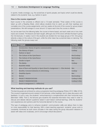 192 • Curriculum Development in Language Teaching
in sports; media coverage, e.g. the social lives of sports people; and topics which could be directly
related to the students’ lives, e.g. fashion in sport.
How is the course organized?
,HJO JVYZL PU [OL UP]LYZP[` PZ VќLYLK V]LY H ^LLR ZLTLZ[LY ;OYLL ^LLRZ VM [OPZ JVYZL PZ
taken up with a Reading Week, which allows students time to catch up with their readings and
JVTWSL[LVULVM[OLJVYZLHZZPNUTLU[ZHUK[^V^LLRZH[[OLLUKVM[OLJVYZLMVYNYVWWYVQLJ[
WYLZLU[H[PVUZLZ[PSSTHUHNL[VJV]LYHYVUK[VWPJZLHJO[PTL[OLJVYZLPZVќLYLK
As can be seen from the following table, the course is theme based, and each week one or two main
topics are covered. The lessons are team taught, although one of the tutors will take the lead in giving
the mini-lectures. In weeks 3 and 4 the students are divided into two large groups of 30. One group
attends a class on the culture of the gym, while the other class has a practical class on dancing. The
following week the groups swap over.
WEEK THEME TUTOR
1 Introduction: theory of sports communication Lindsay  Ben
2 The History of Sport
Fashion in Sport
Lindsay
3 The Culture of the Gym/Dance Ben/Lindsay
4 The Culture of the Gym/Dance Ben/Lindsay
5 Gender in Sport Ben
6 The Media Lindsay
7 READING WEEK
8 Issue of Race and Equality in Sport (hand in Assignment 1 – Film Review) Ben
9 Benefits, Commercialisation  Advertising Lindsay
10 Disability Sports Ben
11 Review Ben/Lindsay
12 PROJECT PRESENTATIONS Lindsay  Ben
13 PROJECT PRESENTATIONS
(hand in Assignment 2 – Reflection)
Lindsay  Ben
What teaching and learning methods do you use?
The learning goals are achieved by using a progressive teaching pedagogy (Peters 2012; Miller 2015).
The course is organized around a series of mini-lectures, online readings, and in-class discussion with
feedback. In such a way, the students’ vertical learning is complemented with their horizontal input
(Bernstein 1999). That is, the lectures give students the essential information they need in order to
discuss and debate relevant questions raised in each lesson (vertical learning), while the students’
own experiences and opinions add the horizontal element to the course.
This type of pedagogy aims to enhance students’ communication skills and allows them to take
on more responsibility for their learning. With a team-teaching approach, students’ group work is
constantly monitored as both tutors circulate in the class during the group discussion sessions to
assist with ideas and vocabulary, and to encourage critical discussions.
https://doi.org/10.1017/9781009024556.008 Published online by Cambridge University Press
 