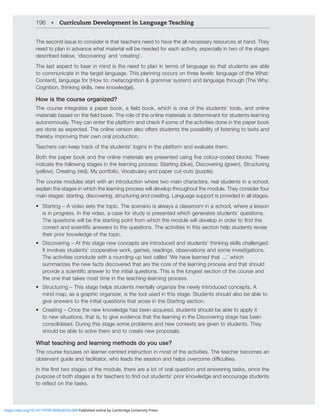 196 • Curriculum Development in Language Teaching
The second issue to consider is that teachers need to have the all necessary resources at hand. They
need to plan in advance what material will be needed for each activity, especially in two of the stages
described below, ‘discovering’ and ‘creating’.
The last aspect to bear in mind is the need to plan in terms of language so that students are able
to communicate in the target language. This planning occurs on three levels: language of (the What:
Content), language for (How to: metacognition  grammar system) and language through (The Why:
Cognition, thinking skills, new knowledge).
How is the course organized?
;OLJVYZLPU[LNYH[LZHWHWLYIVVRHÄLSKIVVR^OPJOPZVULVM[OLZ[KLU[Z»[VVSZHUKVUSPUL
TH[LYPHSZIHZLKVU[OLÄLSKIVVR;OLYVSLVM[OLVUSPULTH[LYPHSZPZKL[LYTPUHU[MVYZ[KLU[ZSLHYUPUN
autonomously. They can enter the platform and check if some of the activities done in the paper book
HYLKVULHZL_WLJ[LK;OLVUSPUL]LYZPVUHSZVVќLYZZ[KLU[Z[OLWVZZPIPSP[`VMSPZ[LUPUN[V[L_[ZHUK
thereby improving their own oral production.
Teachers can keep track of the students’ logins in the platform and evaluate them.
)V[O[OLWHWLYIVVRHUK[OLVUSPULTH[LYPHSZHYLWYLZLU[LKZPUNÄ]LJVSVYJVKLKISVJRZ;OLZL
indicate the following stages in the learning process: Starting (blue), Discovering (green), Structuring
(yellow), Creating (red), My portfolio, Vocabulary and paper cut-outs (purple).
The course modules start with an introduction where two main characters, real students in a school,
explain the stages in which the learning process will develop throughout the module. They consider four
main stages: starting, discovering, structuring and creating. Language support is provided in all stages.
• Starting – A video sets the topic. The scenario is always a classroom in a school, where a lesson
is in progress. In the video, a case for study is presented which generates students’ questions.
;OLXLZ[PVUZ^PSSIL[OLZ[HY[PUNWVPU[MYVT^OPJO[OLTVKSL^PSSKL]LSVWPUVYKLY[VÄUK[OL
JVYYLJ[HUKZJPLU[PÄJHUZ^LYZ[V[OLXLZ[PVUZ;OLHJ[P]P[PLZPU[OPZZLJ[PVUOLSWZ[KLU[ZYL]PZL
their prior knowledge of the topic.
• Discovering – At this stage new concepts are introduced and students’ thinking skills challenged.
It involves students’ cooperative work, games, readings, observations and some investigations.
The activities conclude with a rounding-up text called ‘We have learned that …’ which
summarizes the new facts discovered that are the core of the learning process and that should
WYV]PKLHZJPLU[PÄJHUZ^LY[V[OLPUP[PHSXLZ[PVUZ;OPZPZ[OLSVUNLZ[ZLJ[PVUVM[OLJVYZLHUK
the one that takes most time in the teaching-learning process.
• Structuring – This stage helps students mentally organize the newly introduced concepts. A
mind map, as a graphic organizer, is the tool used in this stage. Students should also be able to
give answers to the initial questions that arose in the Starting section.
• Creating – Once the new knowledge has been acquired, students should be able to apply it
to new situations, that is, to give evidence that the learning in the Discovering stage has been
consolidated. During this stage some problems and new contexts are given to students. They
should be able to solve them and to create new proposals.
What teaching and learning methods do you use?
The course focuses on learner-centred instruction in most of the activities. The teacher becomes an
VIZLY]HU[NPKLHUKMHJPSP[H[VY^OVSLHKZ[OLZLZZPVUHUKOLSWZV]LYJVTLKPѝJS[PLZ
0U[OLÄYZ[[^VZ[HNLZVM[OLTVKSL[OLYLHYLHSV[VMVYHSXLZ[PVUHUKHUZ^LYPUN[HZRZZPUJL[OL
WYWVZLVMIV[OZ[HNLZPZMVY[LHJOLYZ[VÄUKV[Z[KLU[Z»WYPVYRUV^SLKNLHUKLUJVYHNLZ[KLU[Z
[VYLÅLJ[VU[OL[HZRZ
https://doi.org/10.1017/9781009024556.008 Published online by Cambridge University Press
 