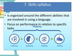 7. Skills syllabus
• Is organized around the different abilities that
are involved in using a language.
• Focus on performance in relation to specific
tasks
 