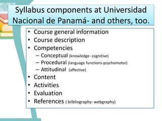 Syllabus components at Universidad
Nacional de Panamá- and others, too.
• Course general information
• Course description
• Competencies
– Conceptual (knowledge- cognitive)
– Procedural (language functions-psychomotor)
– Attitudinal (affective)
• Content
• Activities
• Evaluation
• References ( bilbliography- webgraphy)
 
