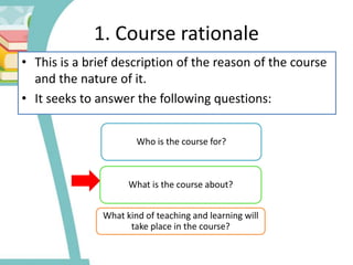 1. Course rationale
• This is a brief description of the reason of the course
and the nature of it.
• It seeks to answer the following questions:
Who is the course for?
What is the course about?
What kind of teaching and learning will
take place in the course?
 