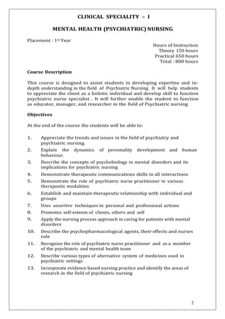 COURSE PLAN OF Mental health nursing 3rd year | PDF