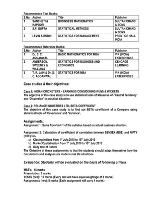 Recommended Text Books:
S.No Author             Title                                               Publisher
1    SANCHETI &         BUSINSESS MATHEMATICS                               SULTAN CHAND
     KAPOOR                                                                 & SONS
2    S.P. GUPTA         STATISTICAL METHODS                                 SULTAN CHAND
                                                                            & SONS
3      LEVIN & RUBIN        STATISTICS FOR MANAGEMENT                       PRENTICE HALL
                                                                            INDIA

Recommended Reference Books:
S.No Author              Title                                              Publisher
1    Dr. S. C.           BASIC MATHEMATICS FOR MBA                          V K (INDIA)
     AGGARWAL                                                               ENTERPRISES
2    ANDERSON,           STATISTICS FOR BUSINESS AND                        CENGAGE
     SWEENEY &           ECONOMICS                                          LEARNING
     WILLIAMS
3    T. R. JAIN & Dr. S. STATISTICS FOR MBA                                 V K (INDIA)
     C. AGGARWAL                                                            ENTERPRISES

Case studies & their objectives:
Case 1: INDIAN CRICKETERS – EARNINGS CONSIDERING RUNS & WICKETS
The objective of this case study is to use statistical tools of Measures of- ‘Central Tendency’
and ‘Dispersion’ in practical situation.

Case 2: RELIANCE INDUSTRIES LTD- BETA COEFFICIENT
The objective of this case study is to find out BETA co-efficient of a Company using
statistical tools of ‘Covariance’ and ‘Variance’.

Assignments:
Assignment 1: Sums from Unit 1 of the syllabus based on actual business situation.

Assignment 2: Calculation of co-efficient of correlation between SENSEX (BSE) and NIFTY
(NSE) for-
    a) Closing indices from 1st July,2010 to 15th July,2010
    b) Market Capitalisation from 1st July,2010 to 15th July,2010
    c) Daily rate of Return
The Objective of these assignments is that the students should adapt themselves how the
calculations and analyses are made in real life situations.

Evaluation: Students will be evaluated on the basis of following criteria

MSE’s: 15 marks
Presentation: 7 marks
TESTS (two): 10 marks (Every test will have equal weightage of 5 marks)
Assignments (two): 8 marks (Each assignment will carry 4 marks)
 