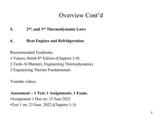 Overview Cont’d
5. 2nd, and 3rd Thermodynamic Laws
6. Heat Engines and Refridgeration
Recommended Textbooks
1.Vaness, Smith 8th Edition (Chapters 1-9)
2.Tarik-Al Shemeri, Engineering Thermodynamics
3.Engineering Thermo Fundamentals
Youtube videos
Assessment – 1 Test, 1 Assignments. 1 Exam.
•Assignment 1 Due on: 15 June 2022
•Test 1 on: 23 June 2022 (Chapters 1-3)
3
 