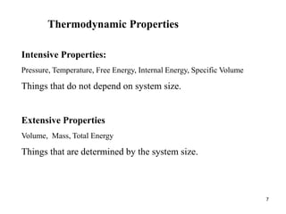 7
Intensive Properties:
Pressure, Temperature, Free Energy, Internal Energy, Specific Volume
Things that do not depend on system size.
Extensive Properties
Volume, Mass, Total Energy
Things that are determined by the system size.
Thermodynamic Properties
 