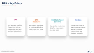 Corporate Finance Institute®
DAX – Key Points
DAX Calculated
Columns
Are used to create new
data, for every row in
our data table.
DAX
Measures
Are used to aggregate
or summarize several
rows in our data table.
Context
Defines the scope of
the current calculation.
We can introduce
context using any
values in our table.
DAX
Is a language used by
Power BI to help us
create new data, and
perform calculations.
 