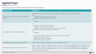 Corporate Finance Institute®
Applied Steps
Lesson Title Directions
Defining Start and End Dates for our Date
Table
Define New Source in the Power Query Editor > Blank Query > Advanced Editor
let
StartDate = Date.From(“01/01/2017”),
EndDate = Date.From(“12/31/2019”)
In
Source
Creating a table of consecutive dates
let
StartDate = Date.From(“01/01/2017”),
EndDate = Date.From(“12/31/2019”)
FullDates = List.Dates(StartDate, Number.From(EndDate) –
Number.From(StartDate)+1,#duration(1,0,0,0))
In
FullDates
- Convert the resulting list to a table. Leave the options as default.
- Rename the column to date.
- Change the column type to date
- Rename the table to DateDim
Adding Descriptive Date Columns Part 1 Add a column for Year, Quarter, Month and Week number
Adding Descriptive Date Columns Part 2
Add a custom column for QuarterID with formula =Text.From([Year])&”Q”&Text.From([Quarter])
Add a custom column for MonthID with formula =Text.From([Year])&”M”&Text.From([Month])
Add a custom column for WeekID with formula =Text.From([Year])&”W”&Text.From([Week])
Close and Apply the query
Use these steps to define the date table in Power Query.
 