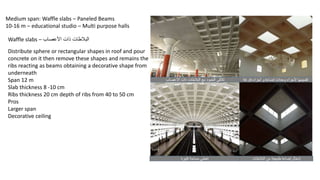 Medium span: Waffle slabs – Paneled Beams
10-16 m – educational studio – Multi purpose halls
Waffle slabs – ‫األعصاب‬ ‫ذات‬ ‫البالطات‬
Distribute sphere or rectangular shapes in roof and pour
concrete on it then remove these shapes and remains the
ribs reacting as beams obtaining a decorative shape from
underneath
Span 12 m
Slab thickness 8 -10 cm
Ribs thickness 20 cm depth of ribs from 40 to 50 cm
Pros
Larger span
Decorative ceiling
 
