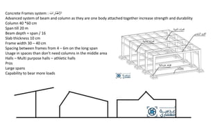 Concrete Frames system : ‫اإلطارات‬
Advanced system of beam and column as they are one body attached together increase strength and durability
Column 40 *60 cm
Span till 20 m
Beam depth = span / 16
Slab thickness 10 cm
Frame width 30 – 40 cm
Spacing between frames from 4 – 6m on the long span
Usage in spaces than don’t need columns in the middle area
Halls – Multi purpose halls – athletic halls
Pros
Large spans
Capability to bear more loads
 